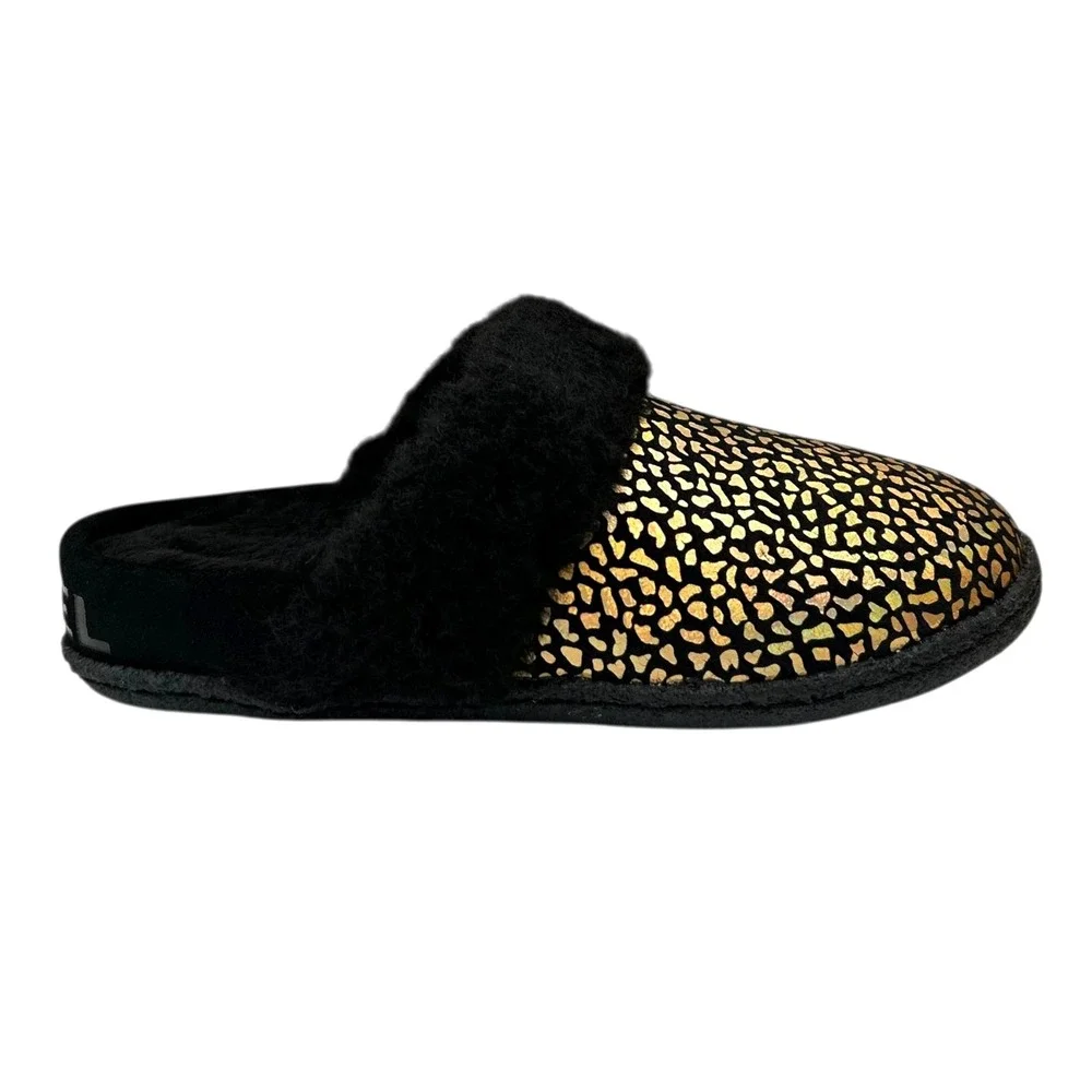 SOREL Nakiska Youth‎ Girls Faux Fur Slippers Size 1 Black Gold Animal Print Warm